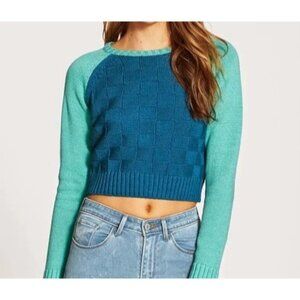 RVCA ASHLEY SMITH Crop Sweater L Blue Teal Woven Pattern Colorblock Cotton Blend